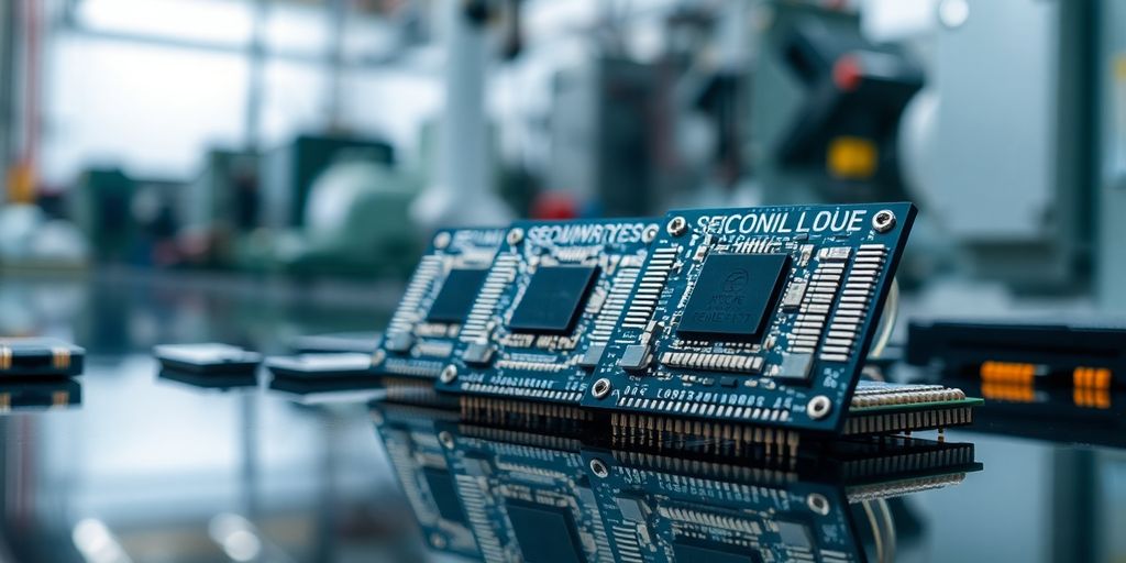 Close-up of advanced semiconductor chips on reflective surface.