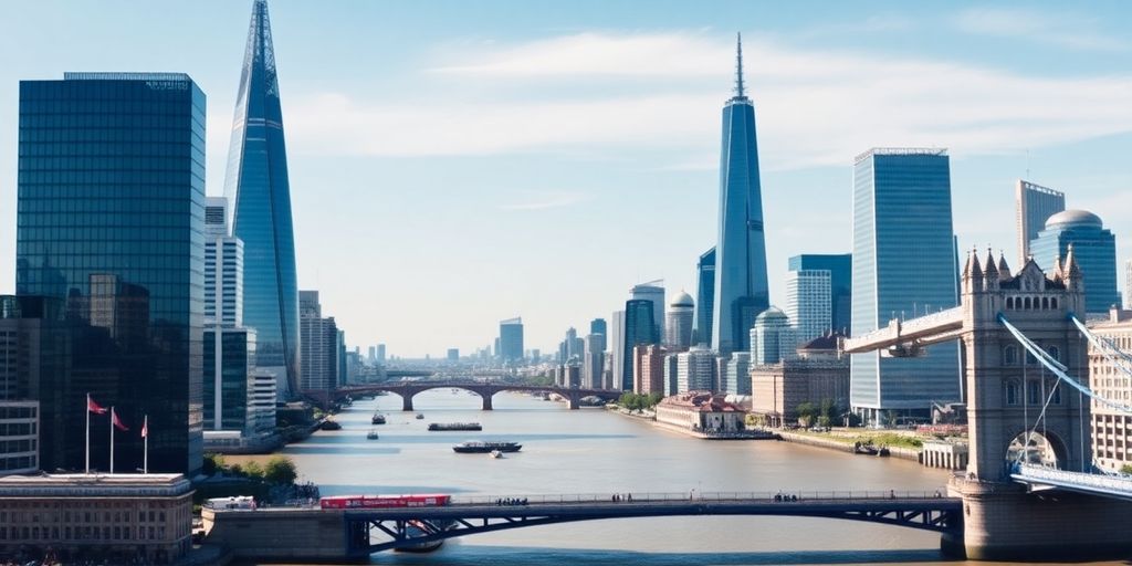 London skyline with modern buildings and clear blue sky.