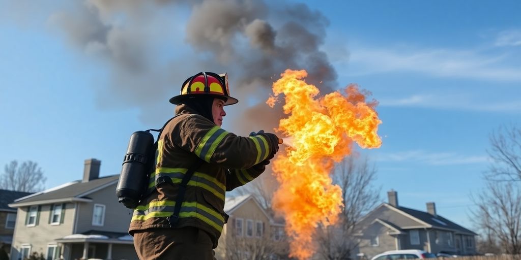 Firefighter extinguishing flames in a residential fire.