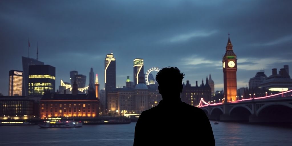 London skyline with a shadowy startup founder.